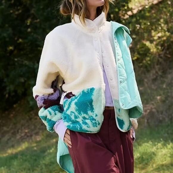 Free People Movement Hit The Slopes Sunrise Summit Ivory Fleece Button Jacket XS - Picture 2 of 13